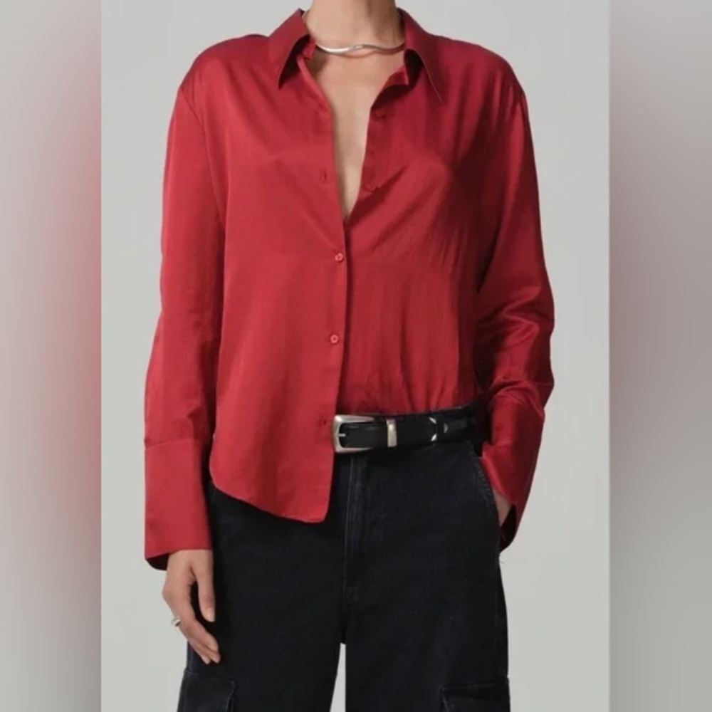 Citizens Of Humanity Silk & Cotton Blouse Vibrant Red Button Up Shirt - Medium